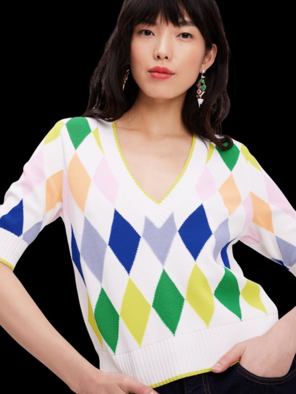 Kate Spade New york Women's spring elbow-sleeve Argyle Sweater